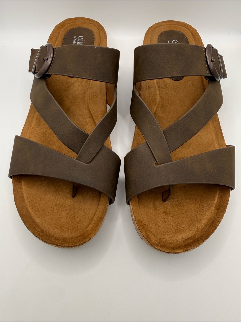 Women’s Brown Cross-Strap Slide Sandals with Buckle Accent